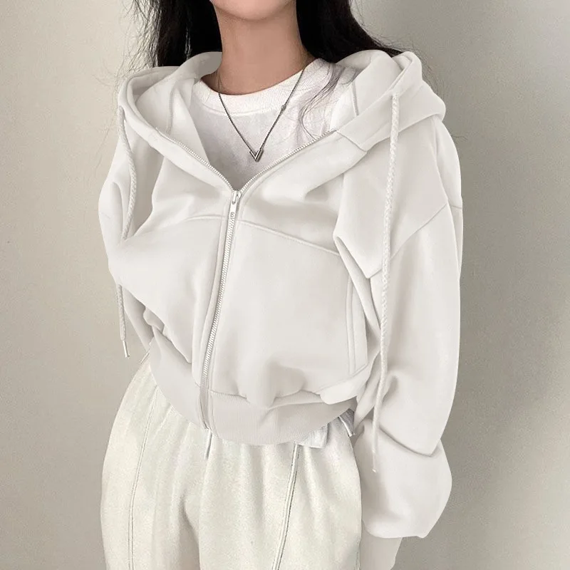 Neue Damen Frühling Herbst Zip-Up Hoodie Jacke Mädchen Damen Locker Lässiges Oberteil Einfarbiges Streetwear-Shirt Teenager Pendlerjacke – Detail 14