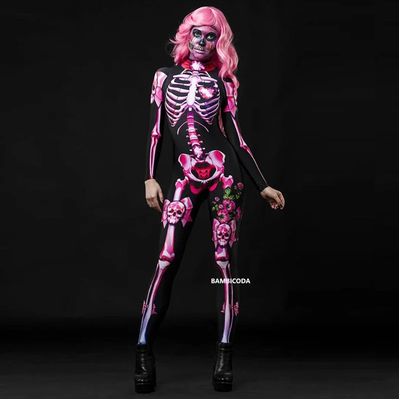 Halloween Scary Cosplay Adult Kids Rose Skeleton Scary Costume Sex Jumpsuit Carnival Party Women Girl Fright Set Day Of The Dead