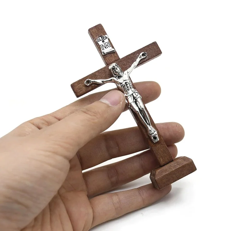 De madeira Jesus Católica Cruz com Suporte, Vintage Religioso Cristão Crucifixo, Igreja Home Shelf, Enfeites de mesa, 2Pcs