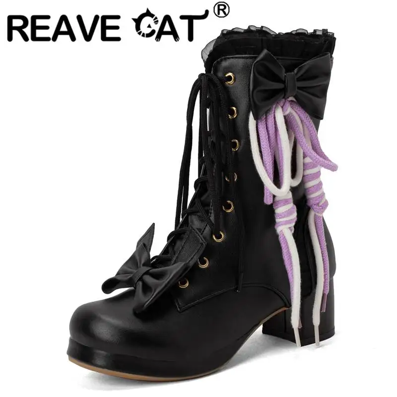 

REAVE CAT Design Shoe Women Booties Mid Calf 19.5cm Mid Heel 3cm Platform 2cm Lace Up Bowknot Sweet Girls Round Toe Dating S4299