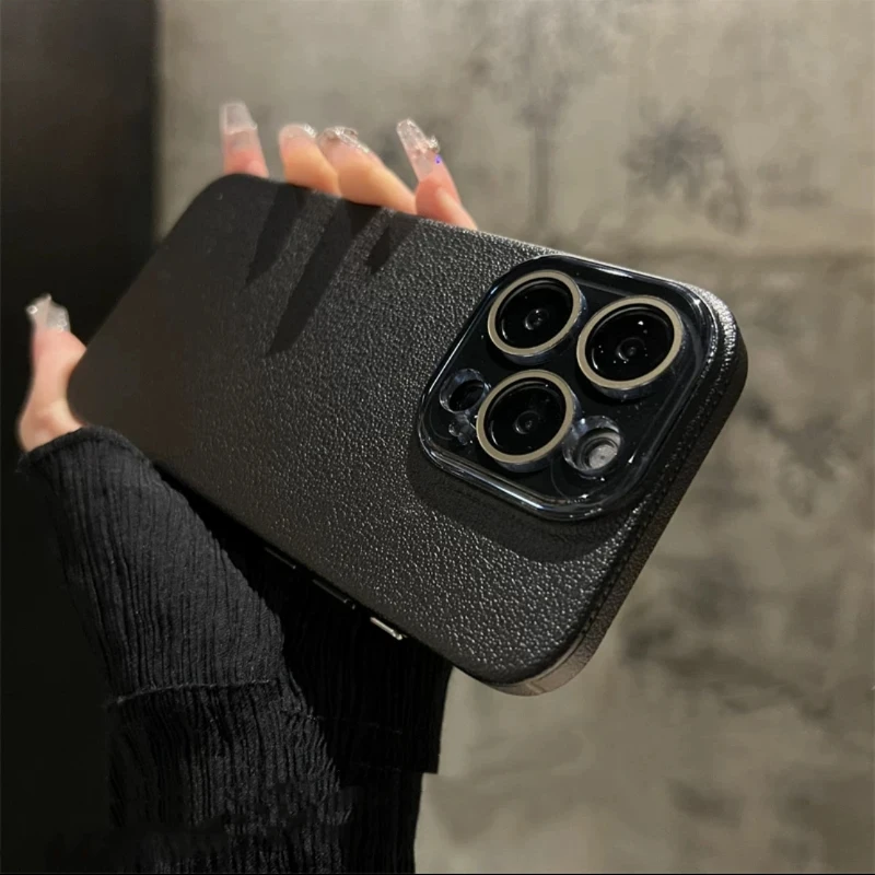 Crystal Glass Lens Protection Lychee Textured Leather Phone Case Shockproof Full Cover For Iphone 12 Pro Max