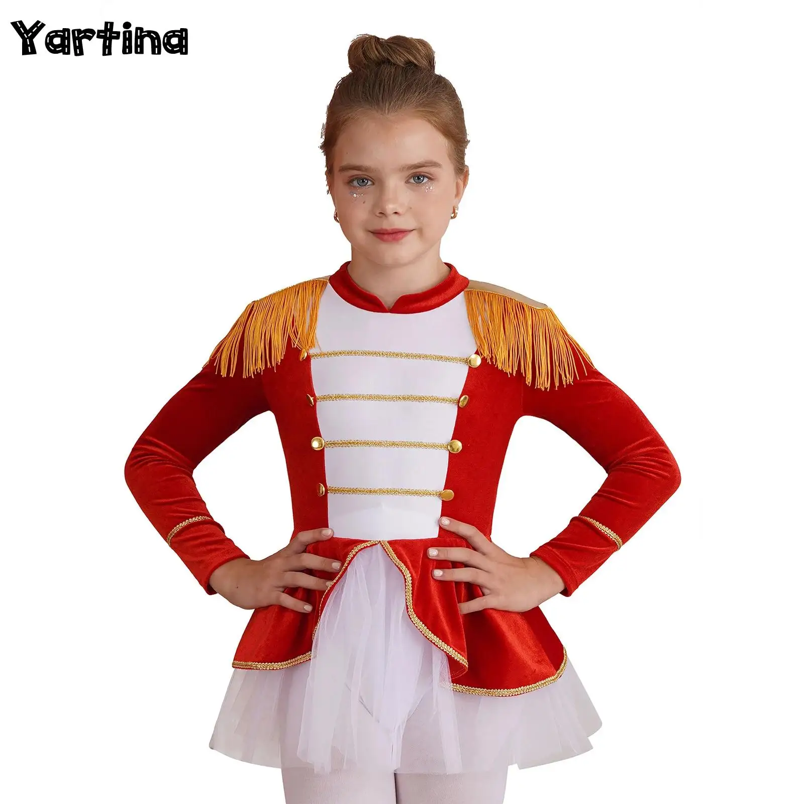 Kids Girls Halloween Circus Ringmaster Ballet Costume Christmas Tight Fitting Gymnastics Tassel Mesh Ballet Tutu Leotard Dress