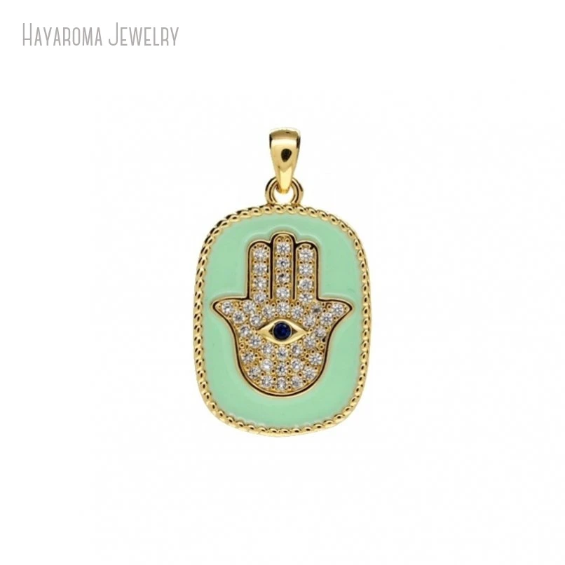 2Pcs Enamel Islam Wholesale Green Jewelry Geometric Oblong Religious Evil Turkish Eye Copper Gold Color Pendant PM47630