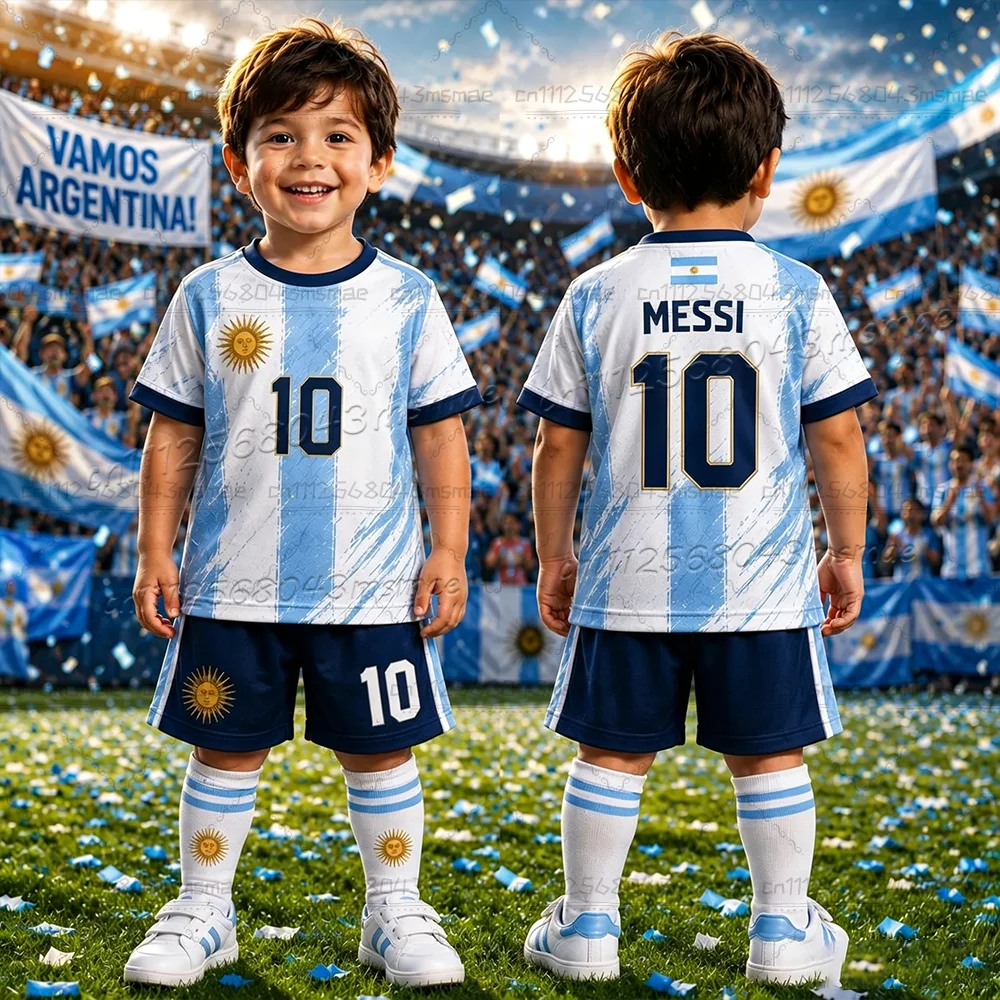 2026 New Football Suit T-shirt Shorts Set for Men and Women Harajuku Argentine Fans Top Shorts Summer Children 2-piece Set