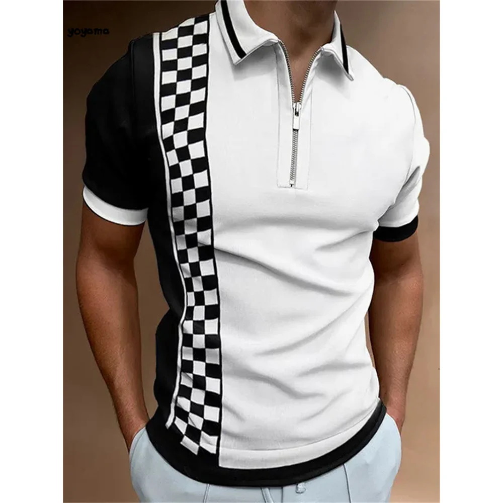 Men's Short Sleeve Polo Shirt Line Plaid Printed Breathable Streetwear Fashion Splicing Men's Casual Shirt Turtleneck Zipper Top