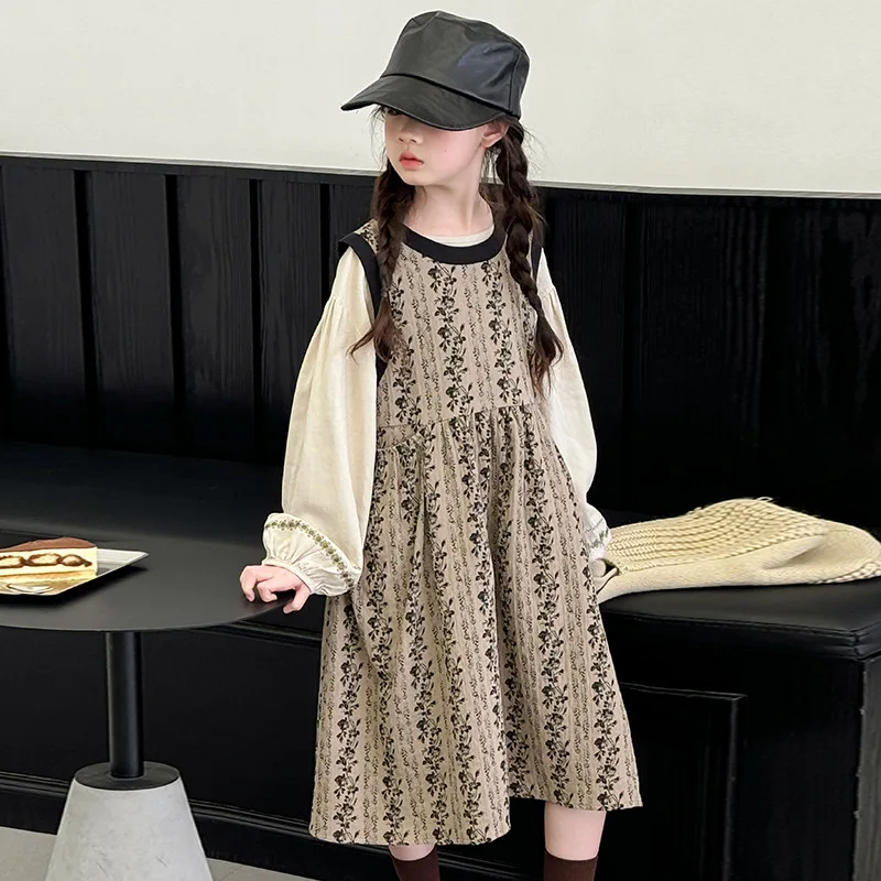 

Girls' Shirt Floral Dress Two-piece Set Girls' Autumn and Winter Stylish Princess Skirt, Children's Vest Skirt