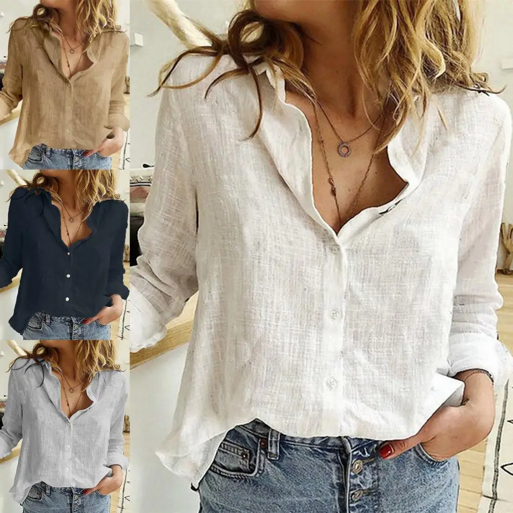 Summer Shirt Lightweight Long Sleeve Solid Color Loose Blouse Single Breasted Skin-friendly Women Shirt for Daily Life