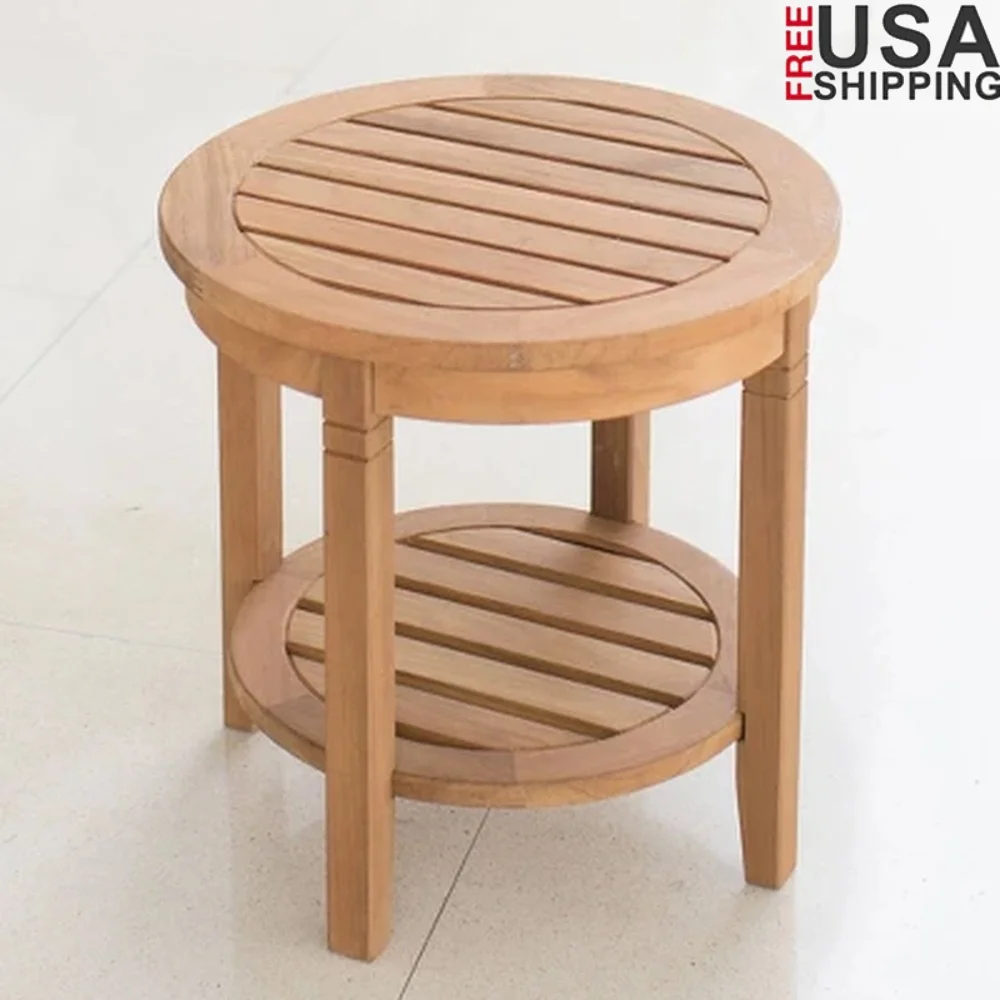 

Teak Round Outdoor Accent Table Weather-Resistant Solid Wood with Lower Shelf Perfect Patio Garden Use and Fall Gatherings