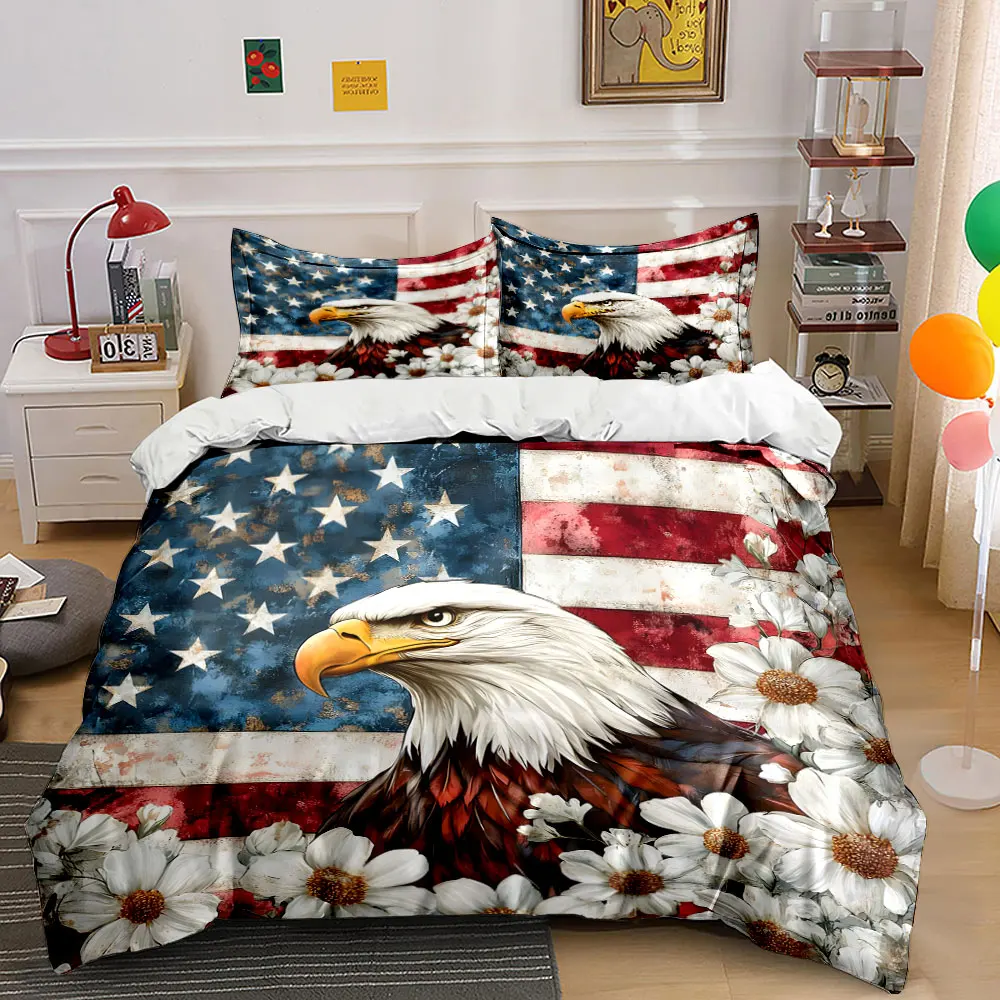 Bald eagle with US flag and flowers Bedding Set for Kids Luxury Gift 3pcs Digital Print Comforter Set Soft Comfortable