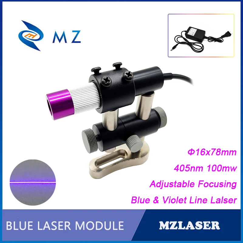 

Adjustable Focusing D16mm 405nm 100mW Glass Lens Violet & Blue Line Laser Module+Bracket+Power Supply