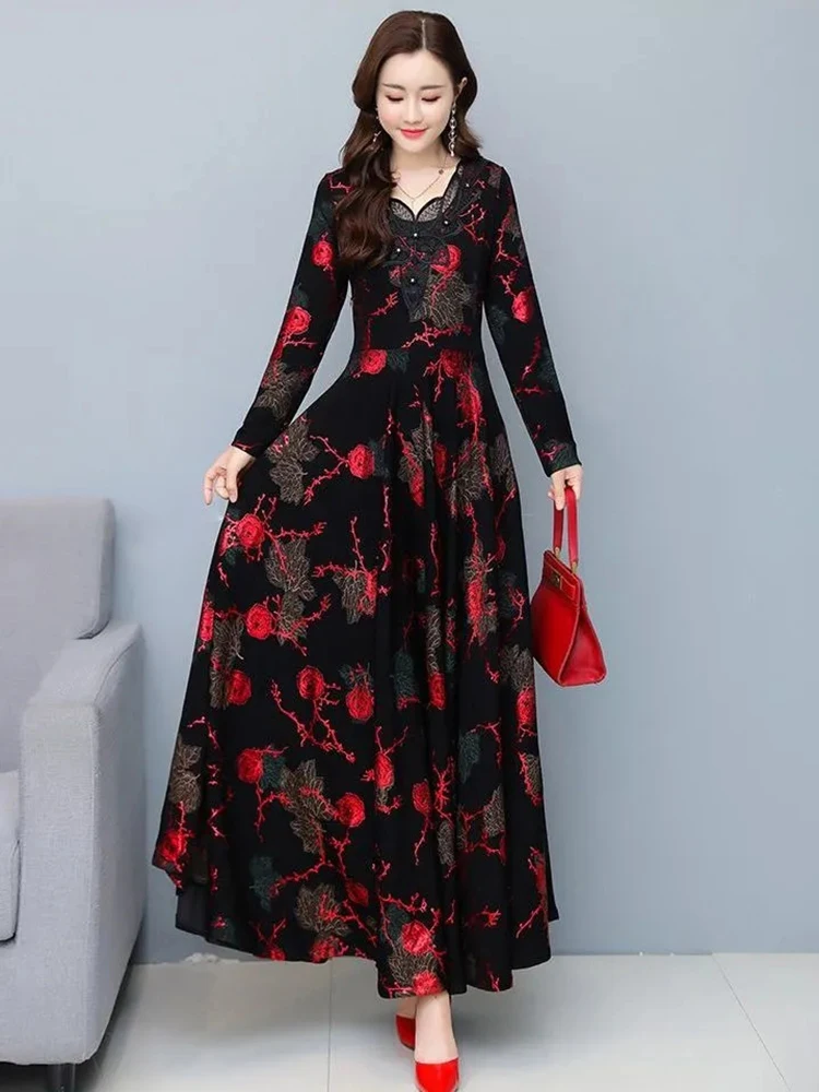 Otoño Invierno nuevo vestido de manga larga estampado bronceado con cuello en V mujeres gran Swing longitud media hasta el muslo que cubre vestidos de noche adelgazantes