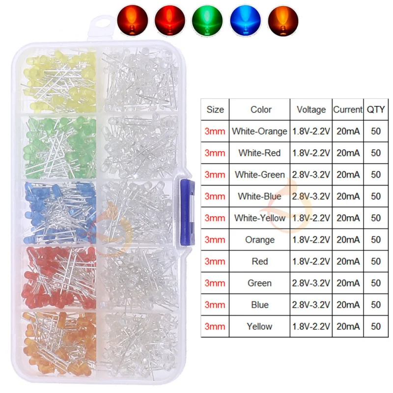500pcs 3mm LED Diode Assorted kit mixed color Red Green Yellow Blue White Orange