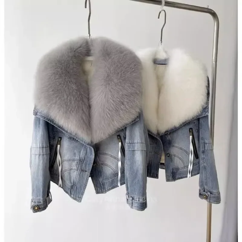 Winter Thickened Short Denim Jacket Fashion  Parkas Jeans Jacket Luxury Fur Coat Removable Fur Collar Cotton Jacket New