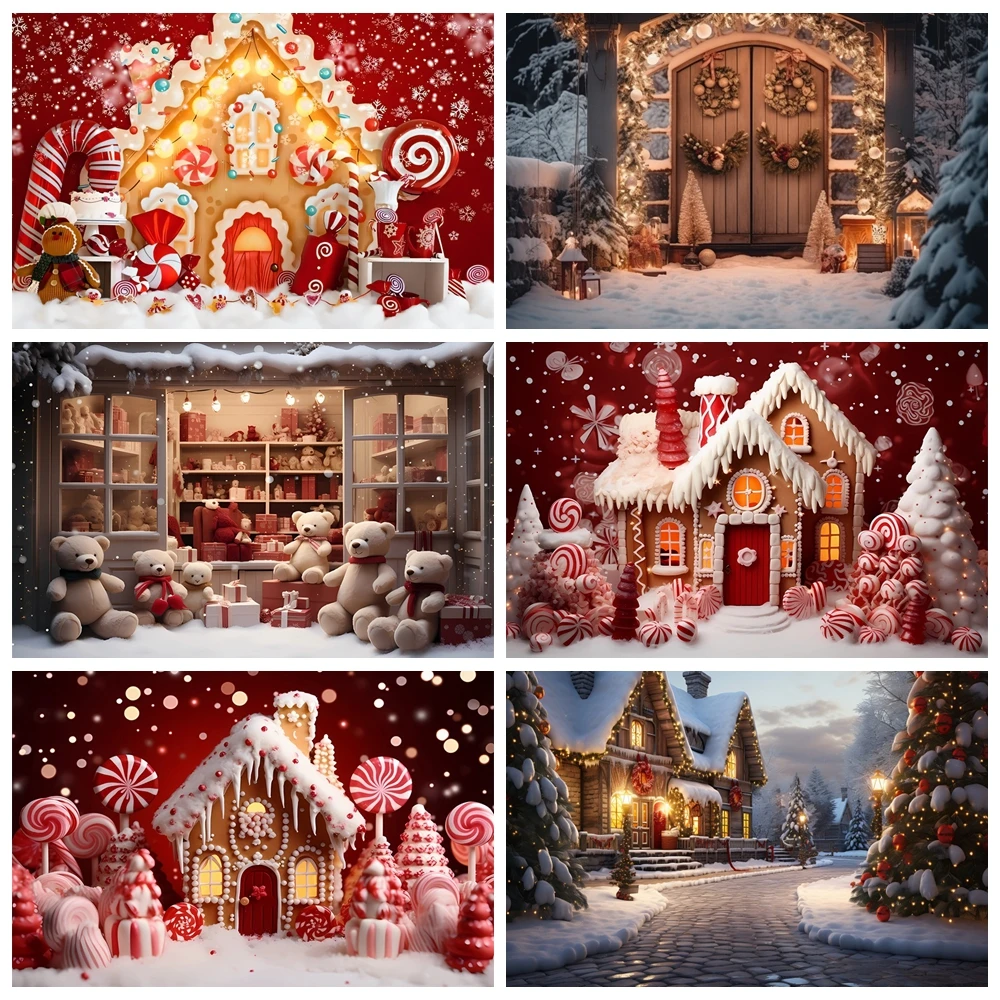 

Christmas Gingerbread House Background Merry Xmas Red Candy Winter Snowflakes Santa Kids Portrait Photography Backdrop