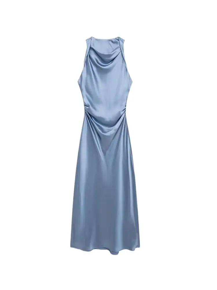 Women\'s Fitted Satin Midi Dress, Side with Gathered, O Neck, Sleeveless, Female Dresses, Chic Fashion