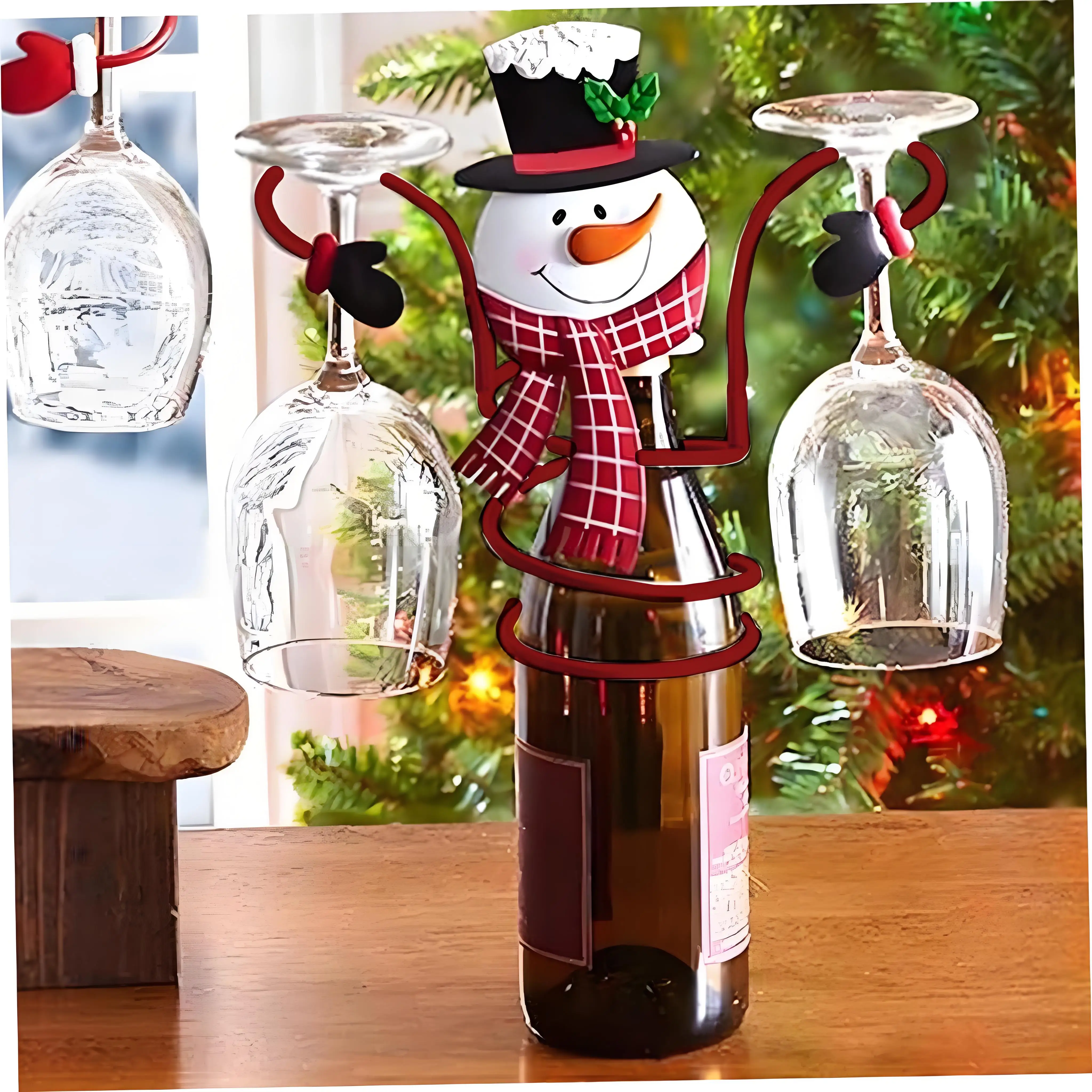 Festive Snowman Wine Bottle Holder, Metal Rack Holds 1 Bottle & 2 Glasses - Christmas Party & Home Bar Decor