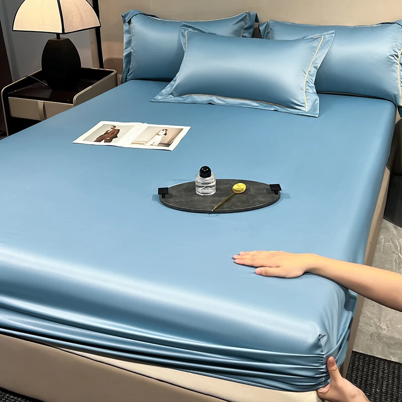 Soft Luxury Satin Fitted Bed Sheet with Elastic Bands Ice Silk Mattress Cover Non Slip Machine Washable 90/120/140/160/180/200cm