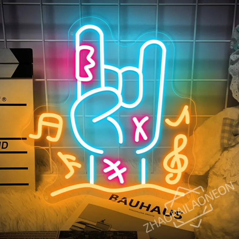 Rock Gesture LED Neon Sign Karaoke Wall Decoration Neon Sign Light Game Room Music Party Rock Studio Bar Disco Party Neon Light