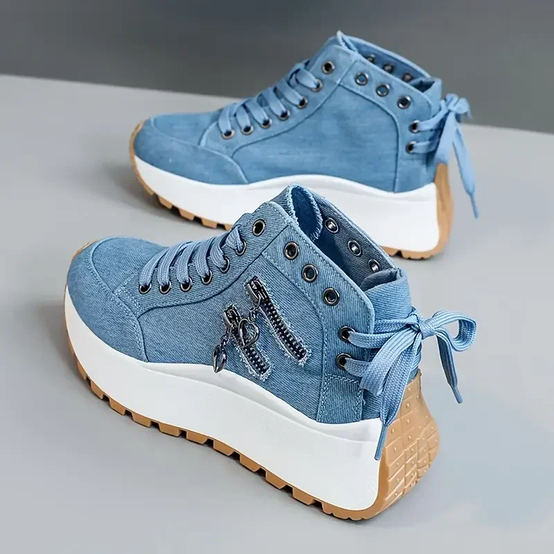 

Women's Shoes Classic Denim Canvas Shoes Fashion High Top Women's Sneakers Lace Up Platform Vulcanized Shoes Denim Ankle Booties