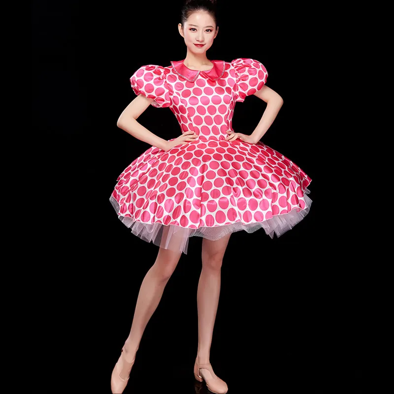 Women Modern Dance Costume Pink Blue Dot Bubble Mini Dress Opening Dance Performance Clothes Dancer Team Party Show Stage Wear