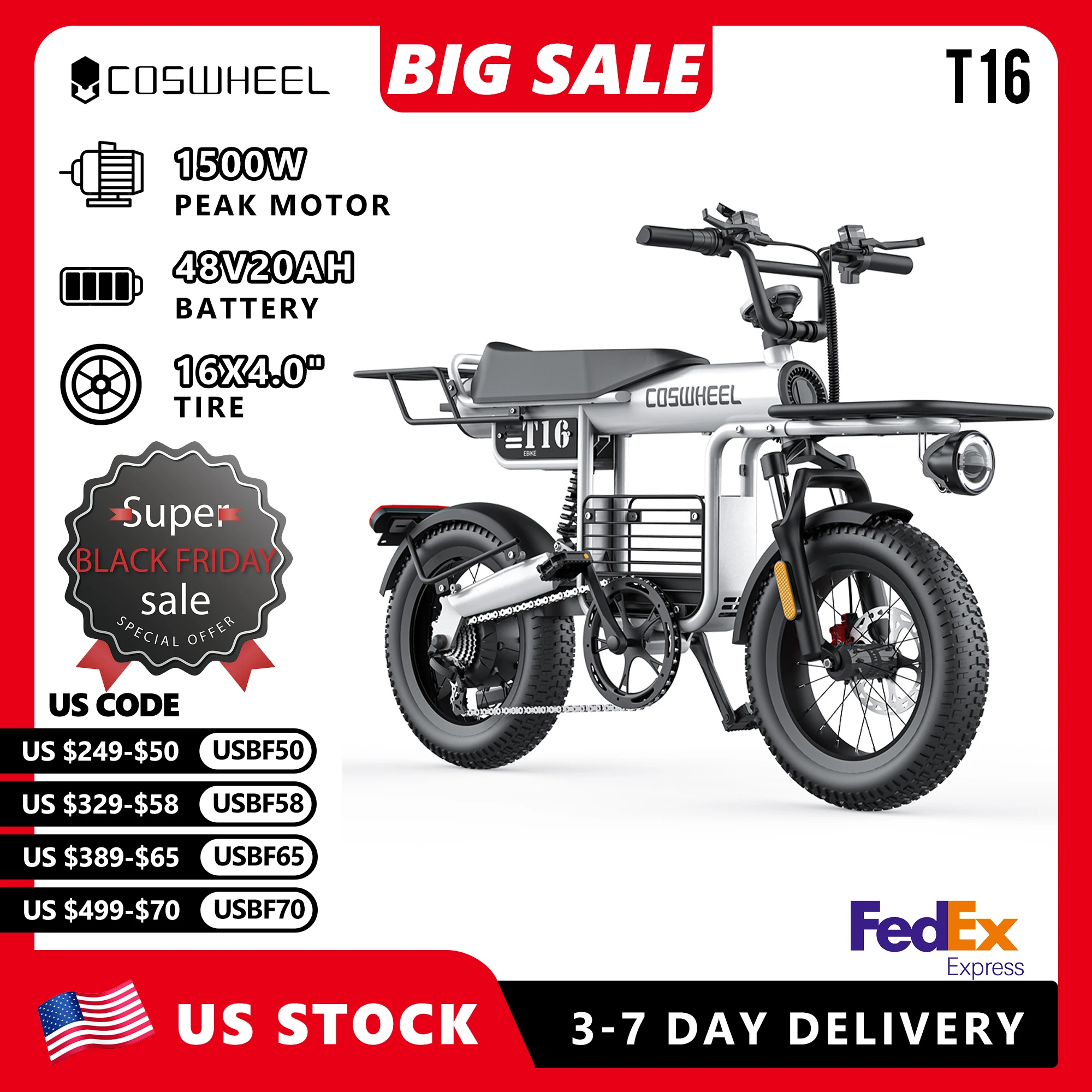 

COSWHEEL T16 Electric Bicycle 1500W PEAK Motorcycle 48V 20Ah Battery Commute Electric Bike 16'' Fat Tire Mountain City E Bike