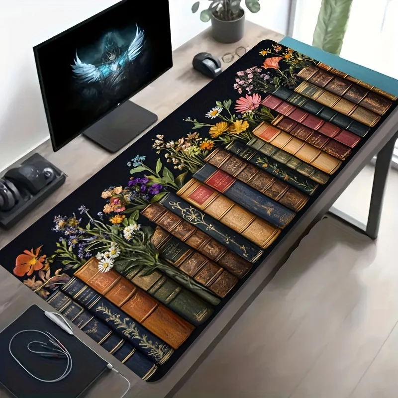 CIFBUY  Books Wildflowers Combination Pattern Rubber Base Oversized Desk Mat Office Desk Accessory Computer Decor