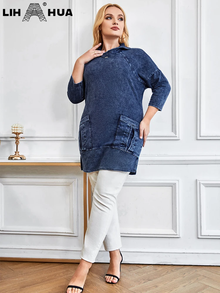 LIH HUA Vrouwen Plus Size Denim Jas Herfst Mode Elegant Jas Geschikt voor Ronde Vrouwen Katoen Gebreide Jas