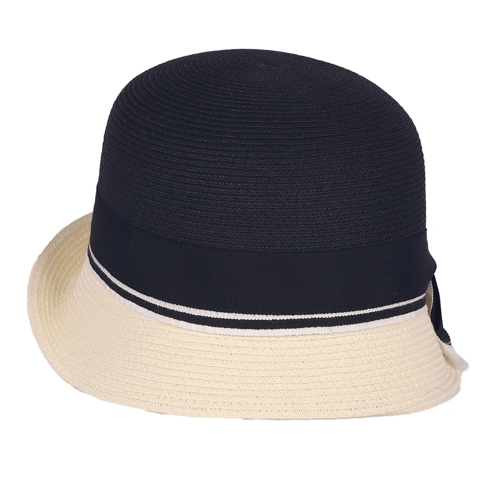 FS Black Beige Curved Brim Straw Bowler Hats For Women Elegant Ladies Formal Dress Bucket Hat With Bowknot Summer Sun Cap 2025