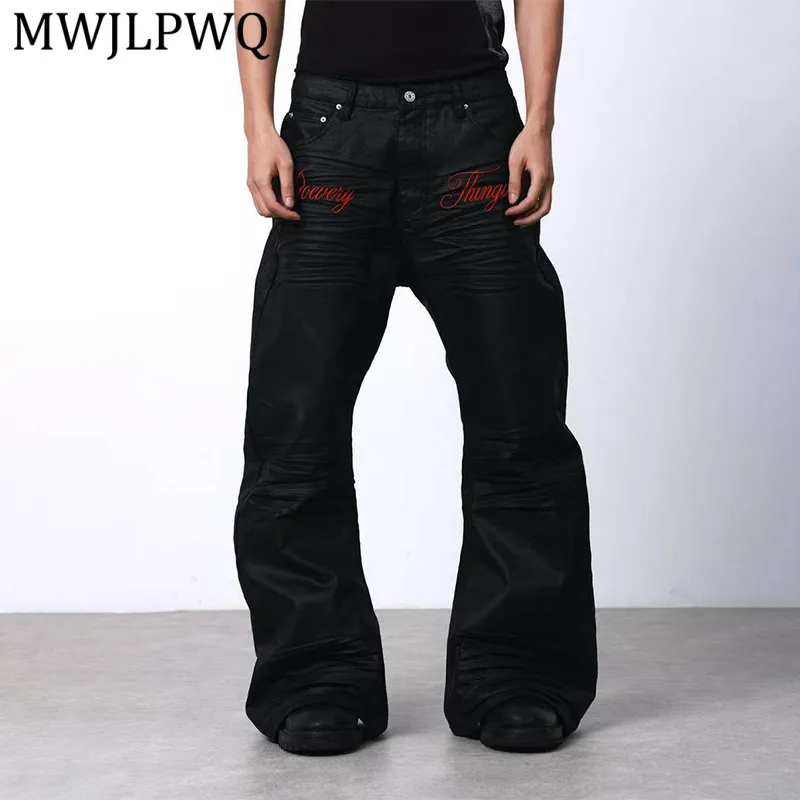 

MWJLPWQ Waxed Three-Dimensional Pleated Coated Jeans Male High Street Textured Stacked High-End Micro-Flared Trousers 14616