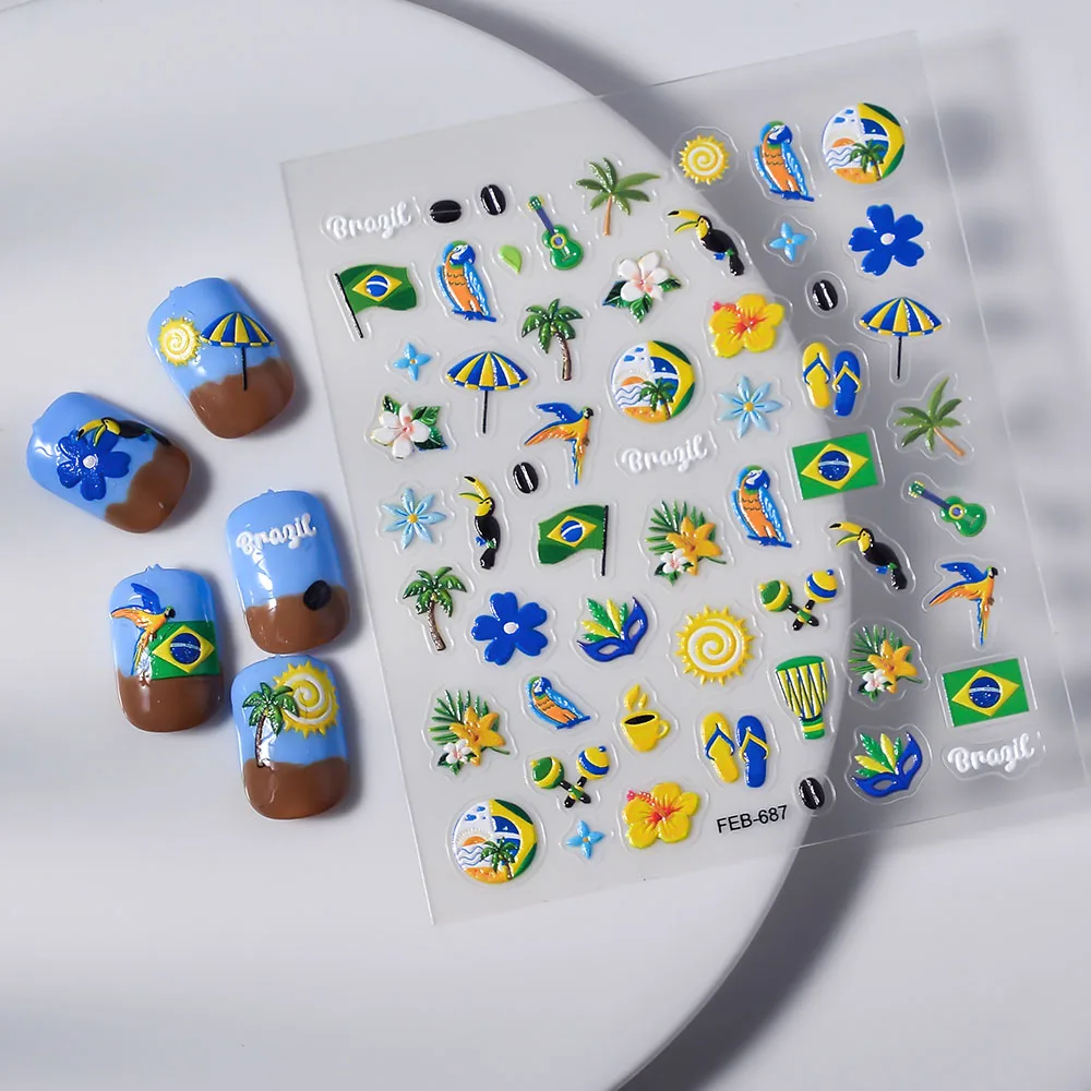 Brazil Flag Nail Sticker 5d Embossed Summer Vacation Coconut Palm Slider Nail Art Decals Manicure Tattoo FEB-687