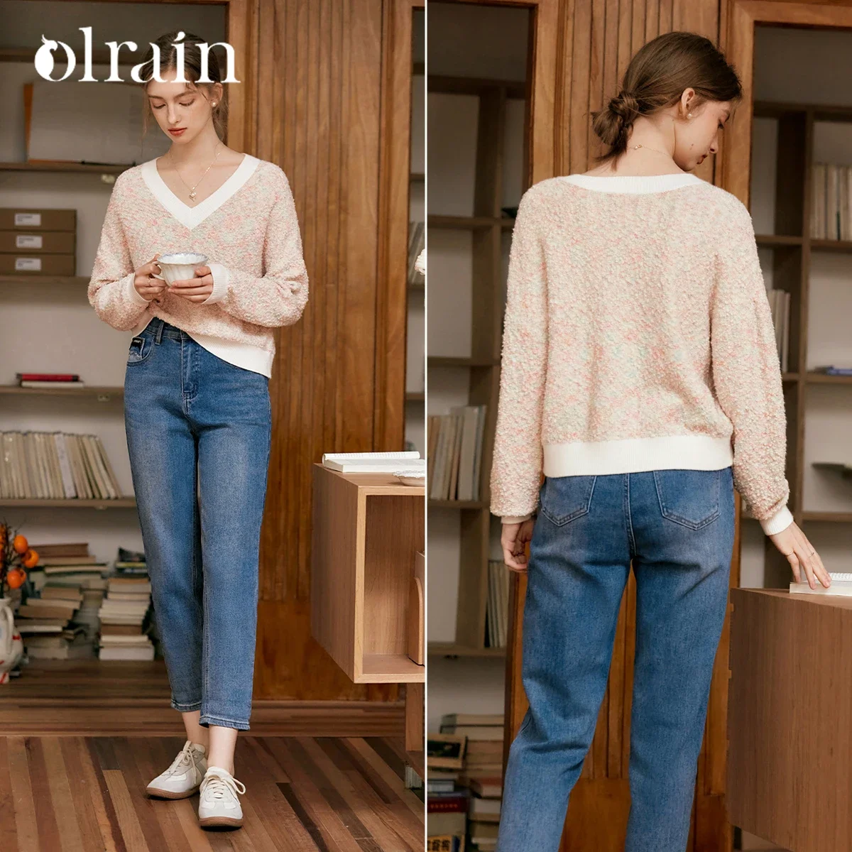 

OLrain V-neck Knitted Sweater Women's Knit Tops 2026 Spring French Elegant Drop Sleeve Ladies Jumper Woman Knitwear N56QZ86395