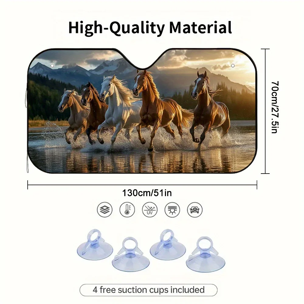 1pc 2D Flat A Galloping Herd Of Horses Design Car Sunshade – Universal Fit Front Window Visor, Keeps Your Vehicle Cool & Stylish