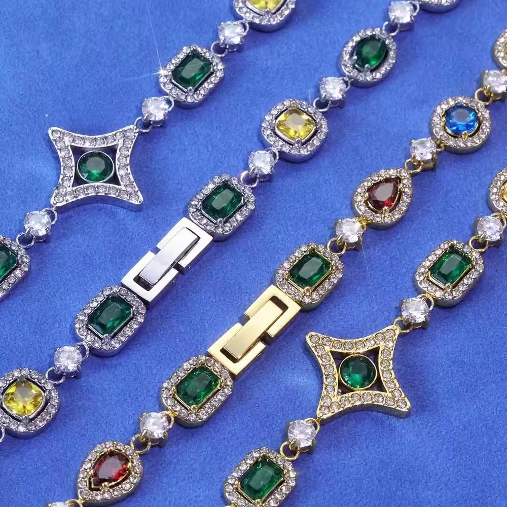 

Hip hop Ladies Colorful Necklace Plated With 18K Gold Stainless Steel Jewelry Buckle Cubic Zirconia Bracelet Holiday Gift 2025