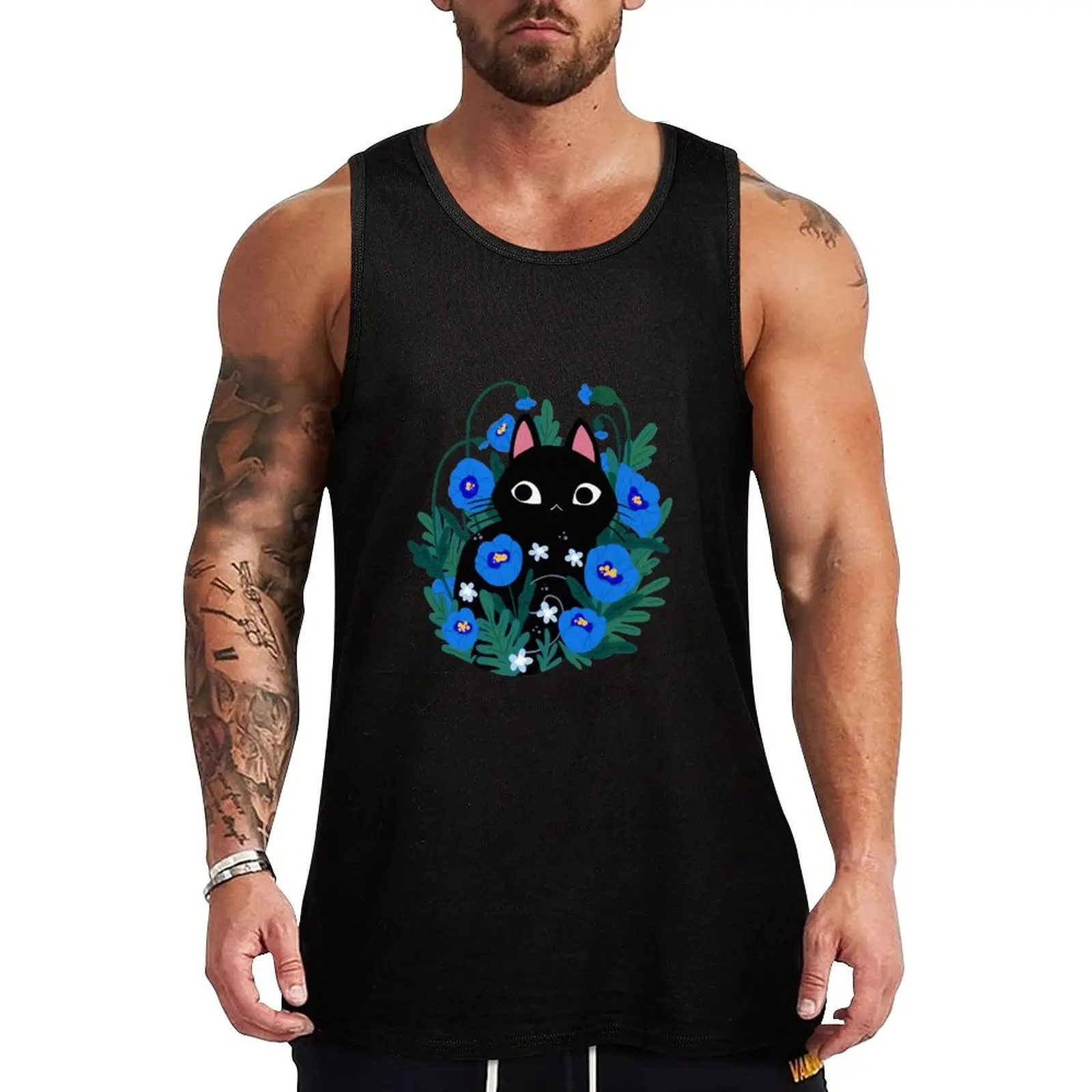 

Blue Flower Black Cat Tank Top t-shirt for man plain t-shirt Men sleeveless tee