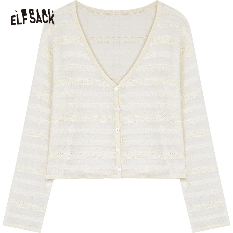 ELFSACK 2024 summer new arrival White V-neck hollow knitted stripes translucent buttons all-match light air-conditioning cardiga