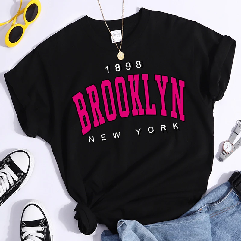 

Brooklyn New York 1898 Print T Shirt Women Graphic Girl Short Sleeve Ladies Print Round Neck Loose Fitting Top