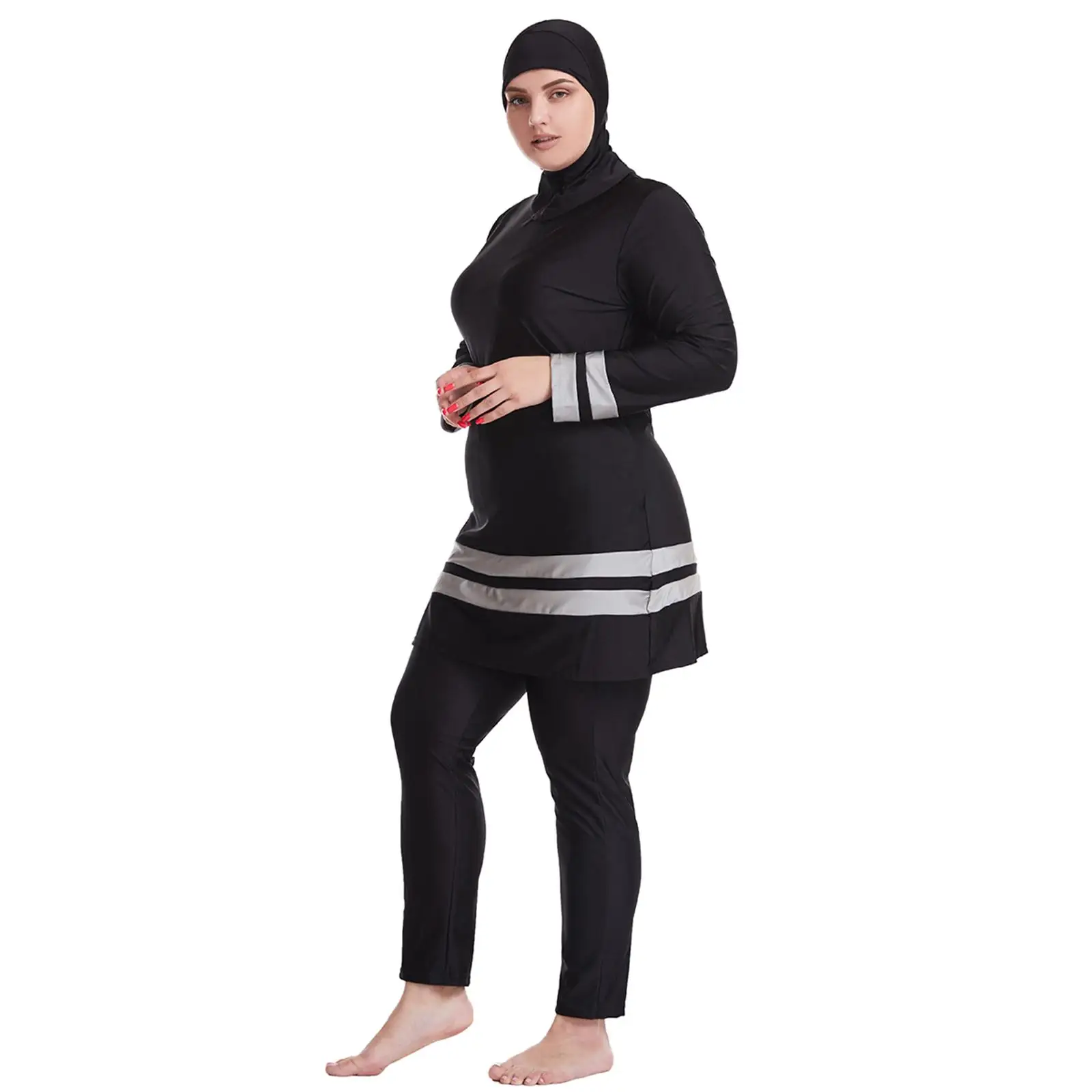 Sports Full Cover Swimwear Nylon Fabric Three Piece Set Modest Bathing Suit for Ladies Beach