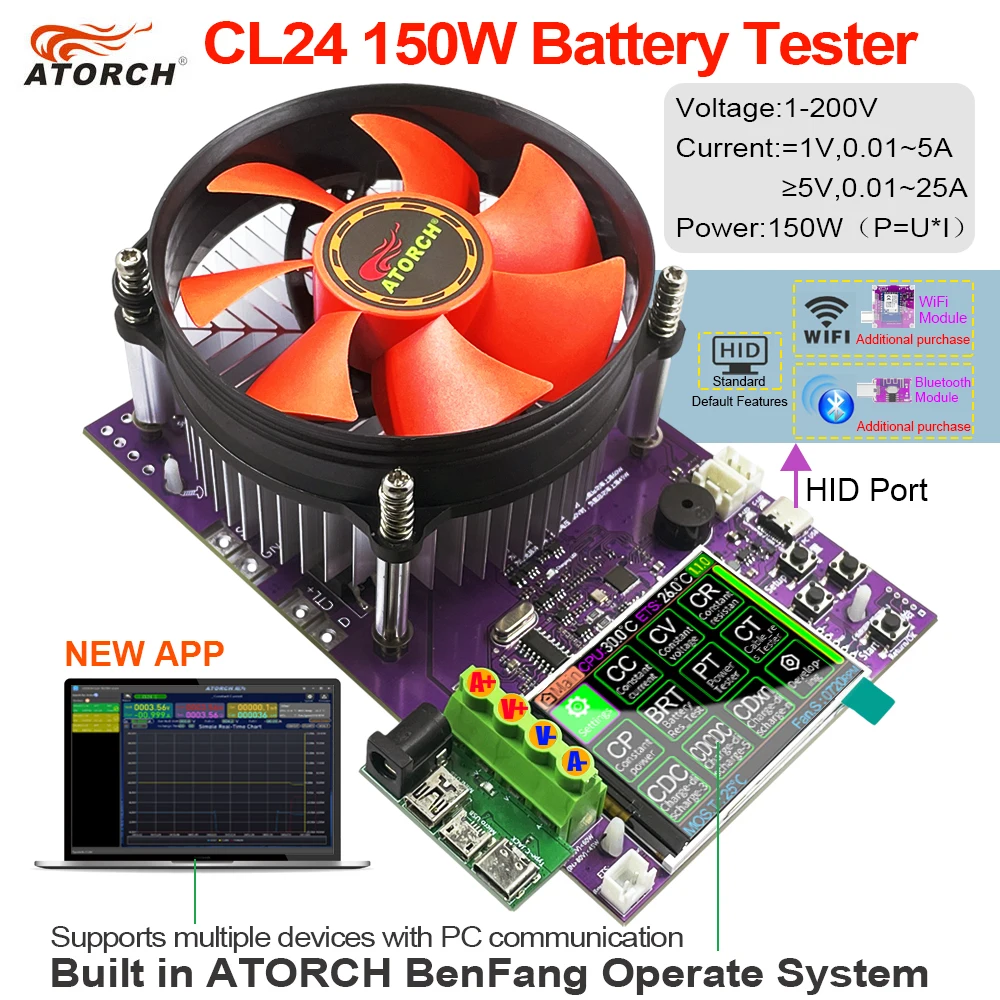 CL24 4-przewodowy WiFi Tuya 2.4 cala TFT 1.2V AAA Smart 18650 Tester pojemności baterii USB 150W elektroniczny tester rozładowania mocy obciążenia