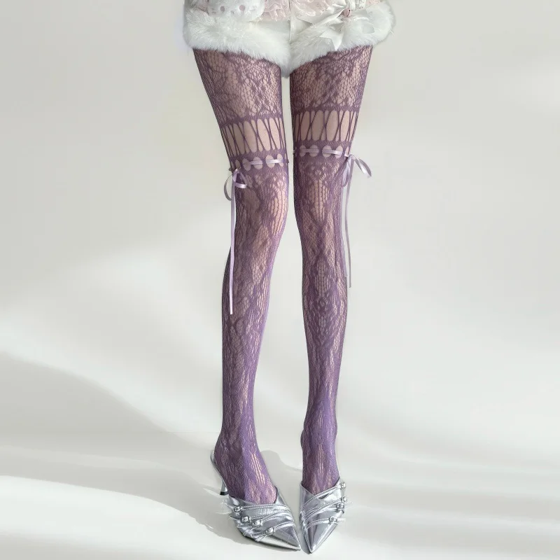 Women Hollow Out Lace Bowknot Binding Strap Mesh Trousers Millennial Trendy Hot Girl Pantyhose Lace Up See Through Net Tights