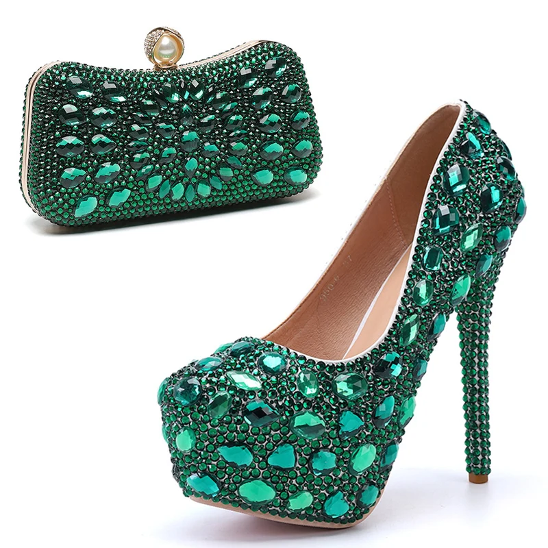 Big Small Full Diamond Rhinestone Platform Banquet Pumps Combined Bag Women High Heel Multi Crystal Evening Dress Shoes