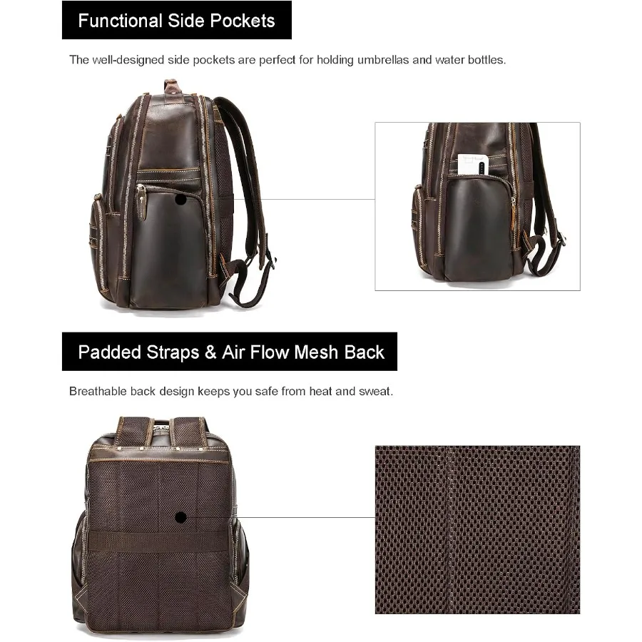 حقيبة ظهر كلاسيكية للرجال من LANNSYNE مصنوعة من الجلد المحبب بالكامل تناسب كمبيوتر محمول مقاس 17.3 بوصة حقيبة كتف كبيرة غير رسمية للسفر/التخييم/H #5