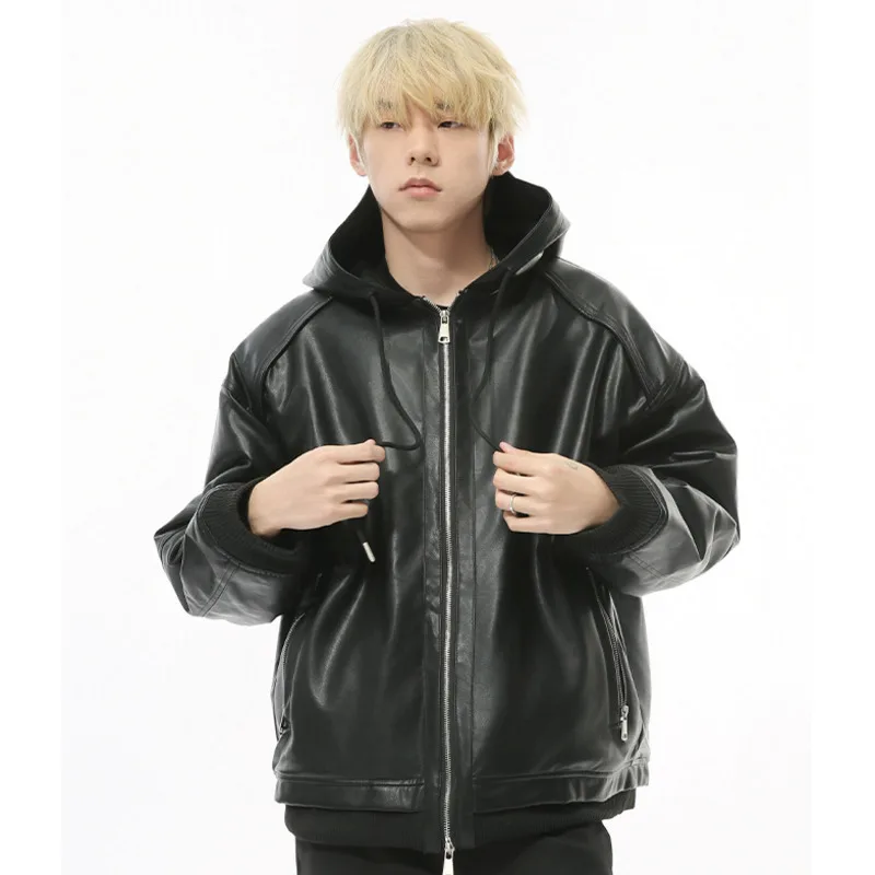 High Street Men's Padded Jackets Hooded Drawstring Solid Color PU Leather Zipper Patchwork Casual Male Cotton Coats