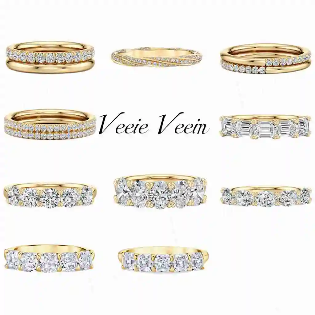 Veeie Veein Brand Jewelry Women Fashion Stackable Full Pave Band Ring S925 Sterling Silver Gold Plated 30pt/50pt Moissanite Ring view 6