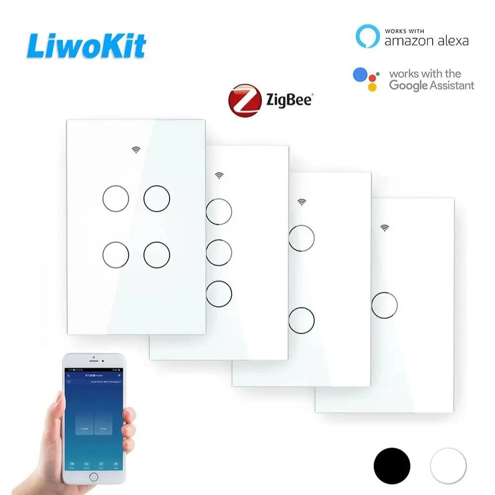 

LiwoKit ZigBee 1/2/3/4 Gang Настенный сенсорный умный выключатель света с нейтралью/без нейтрали Smart Life/Tuya, совместимый с Alexa Google