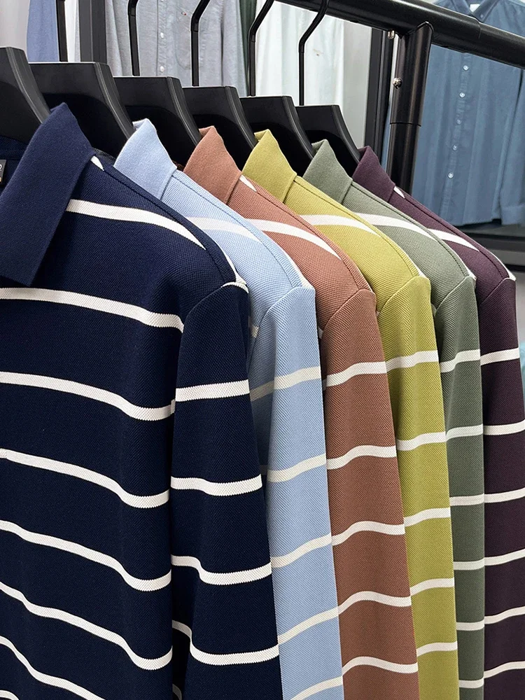 

Top Quality Men Business Polo Shirts 2025 Autumn Classic Stripes Cotton Tops Long Sleeve Male Cotton Turn Down Collar T-shirts