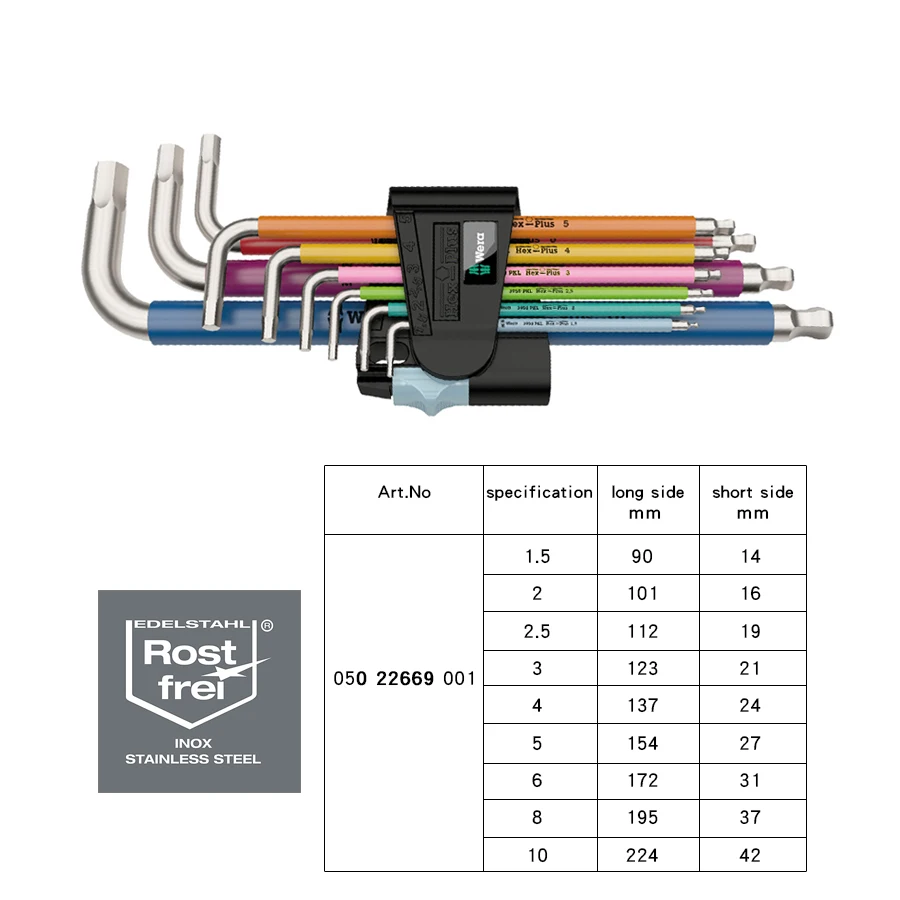 WERA 05022669001 9 Pcs L-Shape Metric Stainless Hex Key Set 1.5-10mm Portable Multicolour Hex Hand Tools