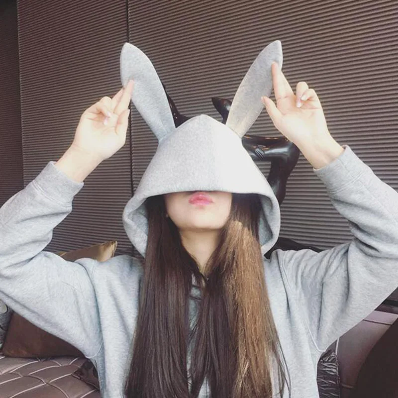 Fashion Kawaii Rabbit Ear Sweatshirt Women\'s Korean Cute Rabbit Hoodie Solid Color Loose Casual Plus Size Plus Velvet Hoodie