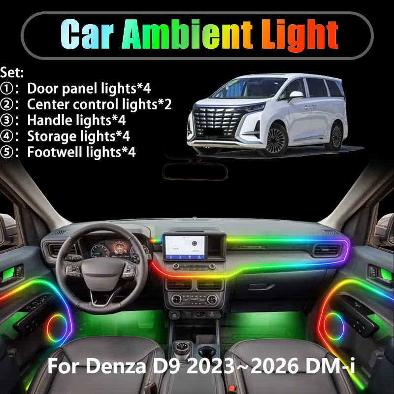 

For Denza D9 2023~2026 DM-i 2/18 in 1 Car ambient lighting Led trunk interior led lights USB RGB Ensemble Streamer Auto Parts