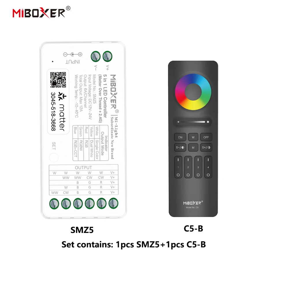 Miboxer SMZ5+C8 DC12-24V 5in1 Controller Matter Over Thread+2.4GHz Tuya APP WIFI Single/Double Color RGBW RGBCCT LED Strip Light
