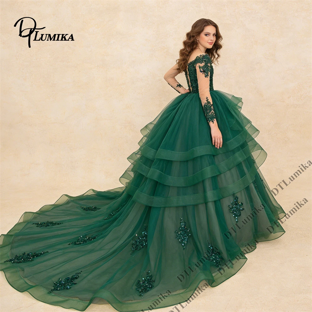 

DTLumika - Tiered Tulle Quinceanera Dresses for Women 2026 Sheer Full Sleeves Ball Gown Sweet 15 Dress with Long Train